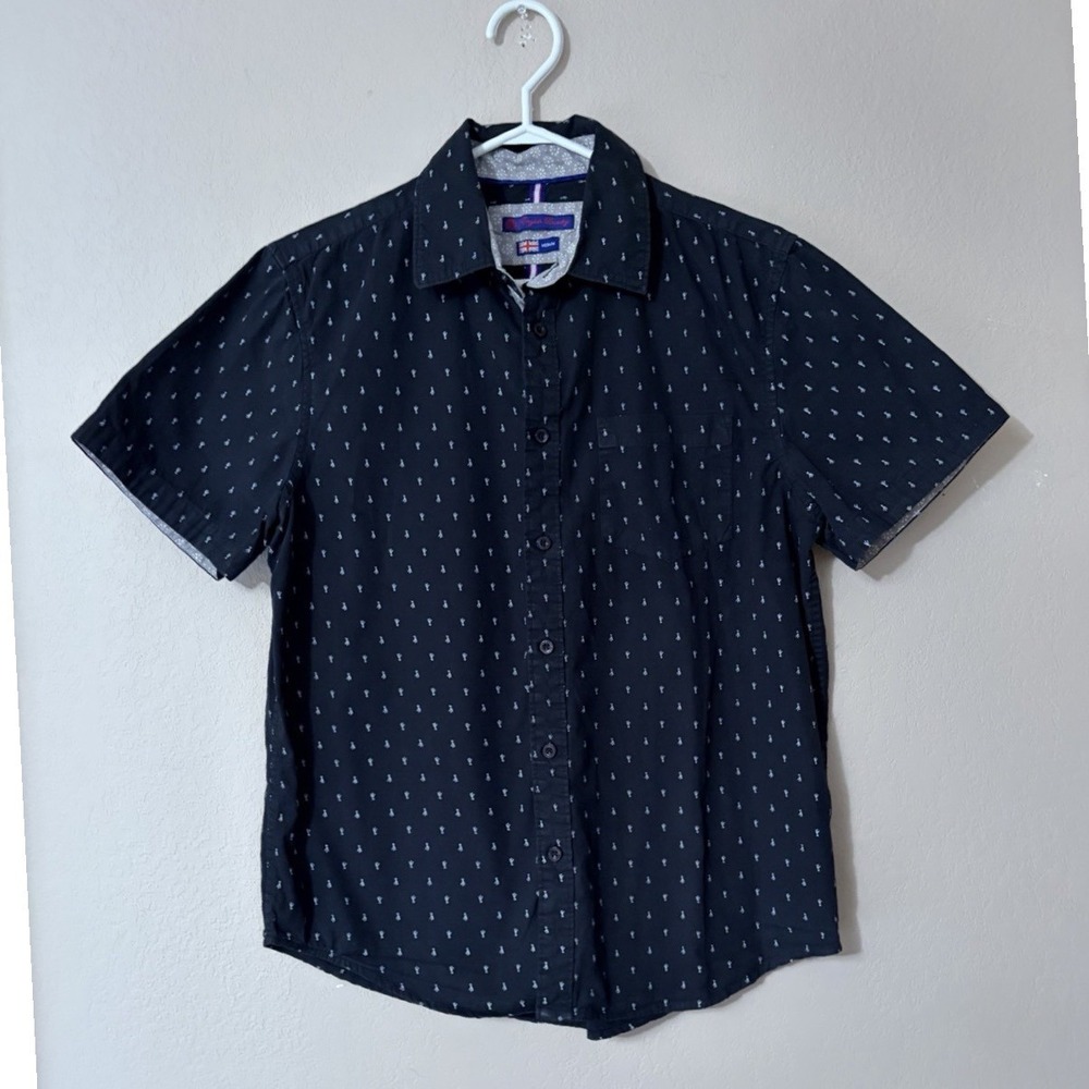English Laundry Mens Navy Micro Print‎ Short Sleeve Button Down Shirt Small